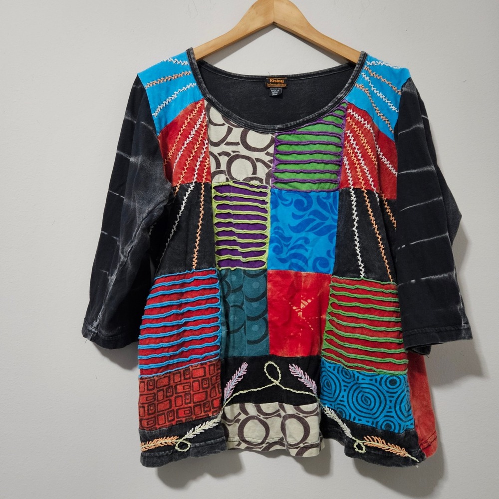 Rising International Patchwork Top XXL Womens Cotton Boho Razor Cut Nepal Shirt